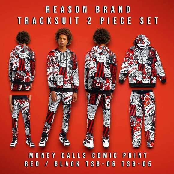 Reason Money Calls Comic Print Tracksuit Set 2 Piece Hoodie & Pants Mens Large - Picture 1 of 9